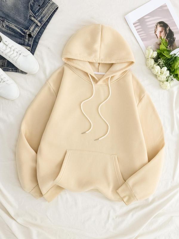 Women's Plain Drawstring Pocket Drop Shoulder Hoodie, Comfort Basic Womenswear Pullover for Lady, Long Sleeve Hooded Sweatshirt for Daily Wear School Outfits