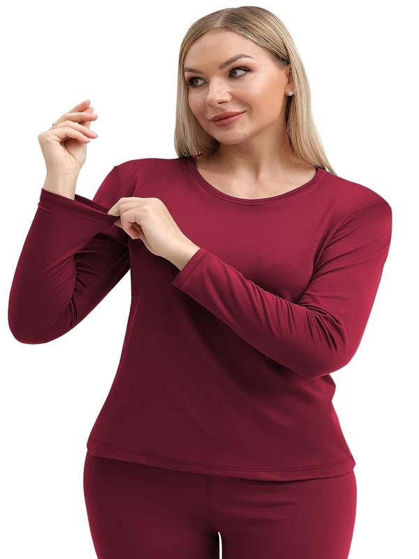  Solid Round Neck Thermal Underwear Top, Casual Comfy Long Sleeve Crew Neck Top for Fall & Winter, Women's Clothing for Daily Wear