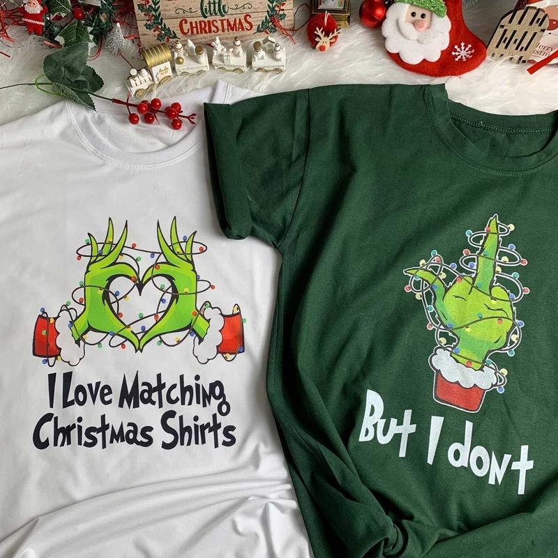 Funny Grinch Couple Matching, Christmas Hubby Wifey Matching, Funny Grinch Hand Pajamas Couple T-Shirt