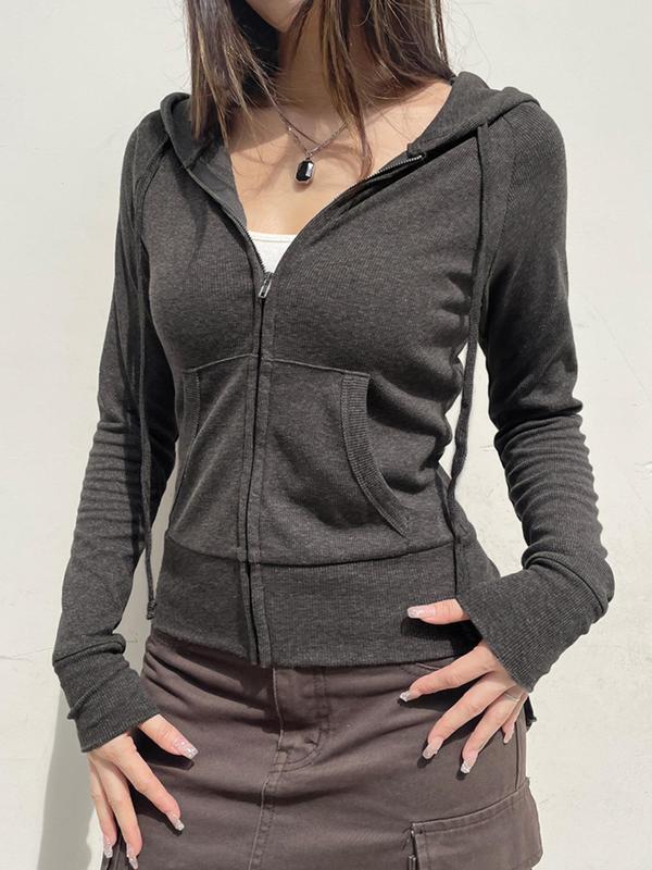 Women's Solid Drawstring Hoodie Jacket, Casual Long Sleeve Zip Up Ribbed Jacket for Fall & Winter, Women's Clothing for Daily Wear