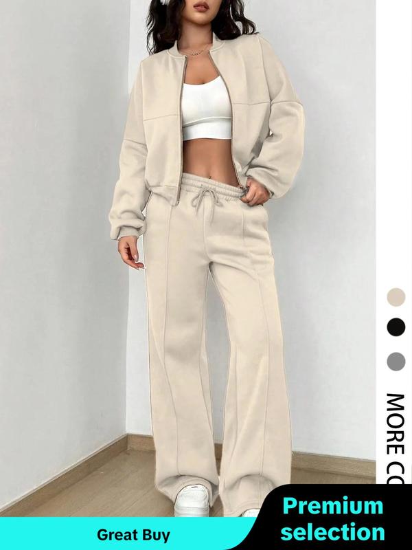 Women's Solid Zip Up Crop Jacket & Drawstring Waist Pants Two-Piece Set, Casual Fashion Drop Shoulder Long Sleeve Top & High Waist Trousers for Outdoor Wear, Women's Clothing for Spring & Fall 90S Clothes, High Waters Pants Set