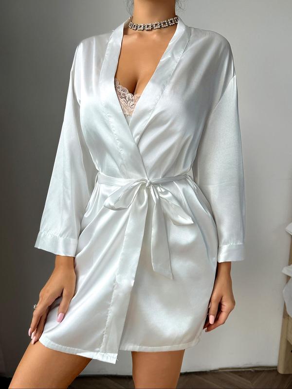 Women's Solid Belted Wrap Satin Lounge Robe, Casual Long Sleeve V Neck Lounge Robe, Ladies Sleepwear for All Seasons