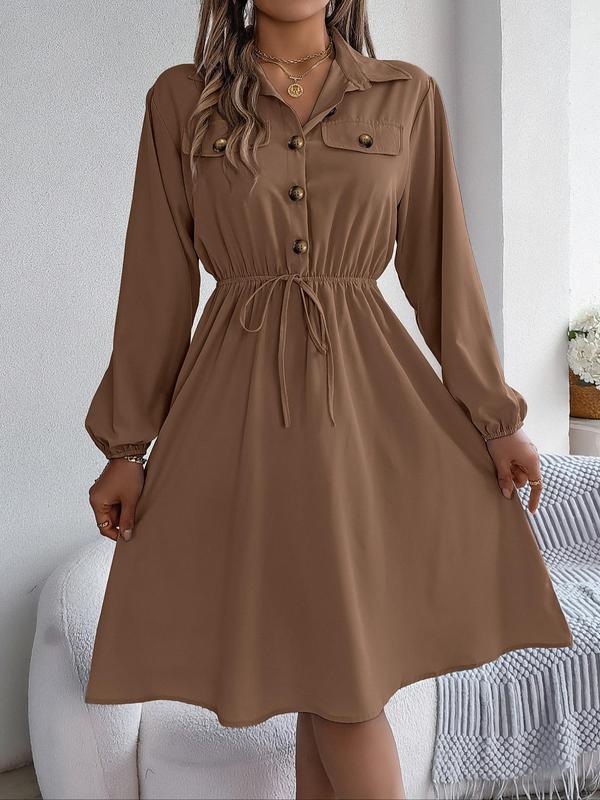 Women's Plain Button Front Drawstring Knot Front Shirt Dress, Elegant Pocket Bishop Sleeve Collared A Line Dress for Spring & Fall, Ladies Clothes for Daily Wear, Fall Outfits, Earthtone Fallfreshness