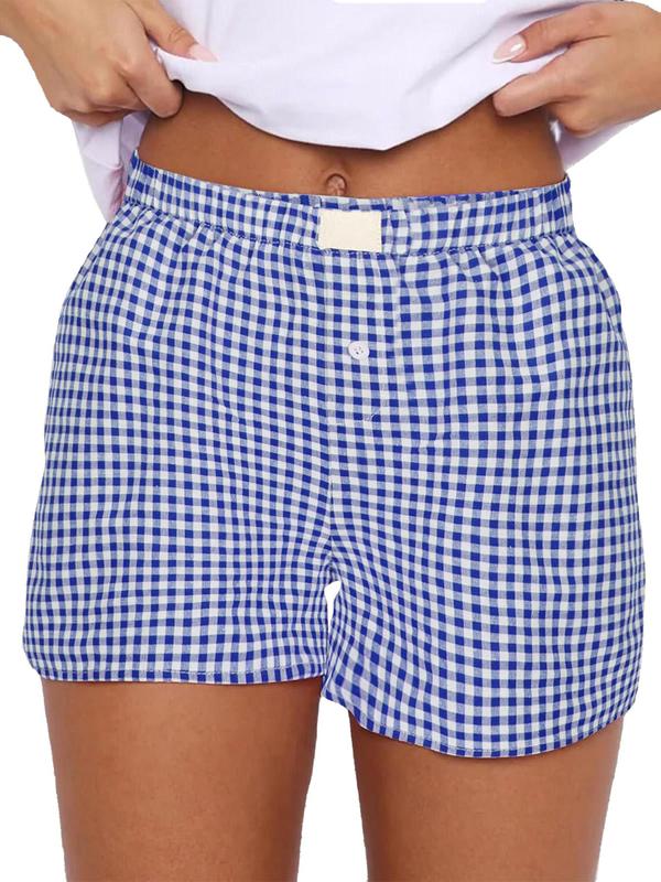 Women's Plaid Print Patched Decor Button Front Elastic Waist Shorts, Casual Comfy Straight Leg Shorts for Summer, Ladies Back To School Bottoms for Daily Wear, Shorts for Women, Downtown Girl Clothes  Preppy 80s Clothes