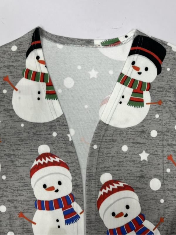  Cartoon Snowman Print Long Sleeve Coat, Coat for Women, Casual Jackets, Christmas Themed Open Front Outerwear for Fall & Winter, Women's Clothes for Daily Wear, Fall Outfits, Fallfreshness, Winter Clothes Women, Plus Size Clothing