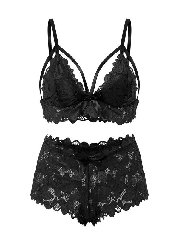  Women's Cut Out Push Up Lace Bra & Bow Front Sheer Panty Set, Back To School Wear, Adjustable Strap Lingerie Set, Soft Comfy Breathable Underwear Set for Women, Women's Clothing, Fall Wear 2024 Sets, Fall Wear, Fallfreshness