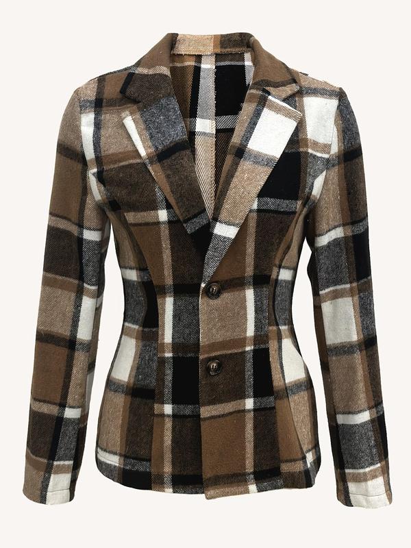 Womenswear Women's Plaid Print Button Front Lapel Neck Coat, Western Clothing, Casual Long Sleeve Outerwear for Fall & Winter, Ladies Clothes for Daily Wear, Work Clothes for Office