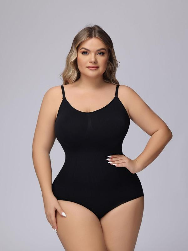 Plus Size Plain Adjustable Strap Shapewear Bodysuit, Casual Comfy Sleeveless Tummy Control Bodysuit, Women's Shapewear Clothing for All Seasons