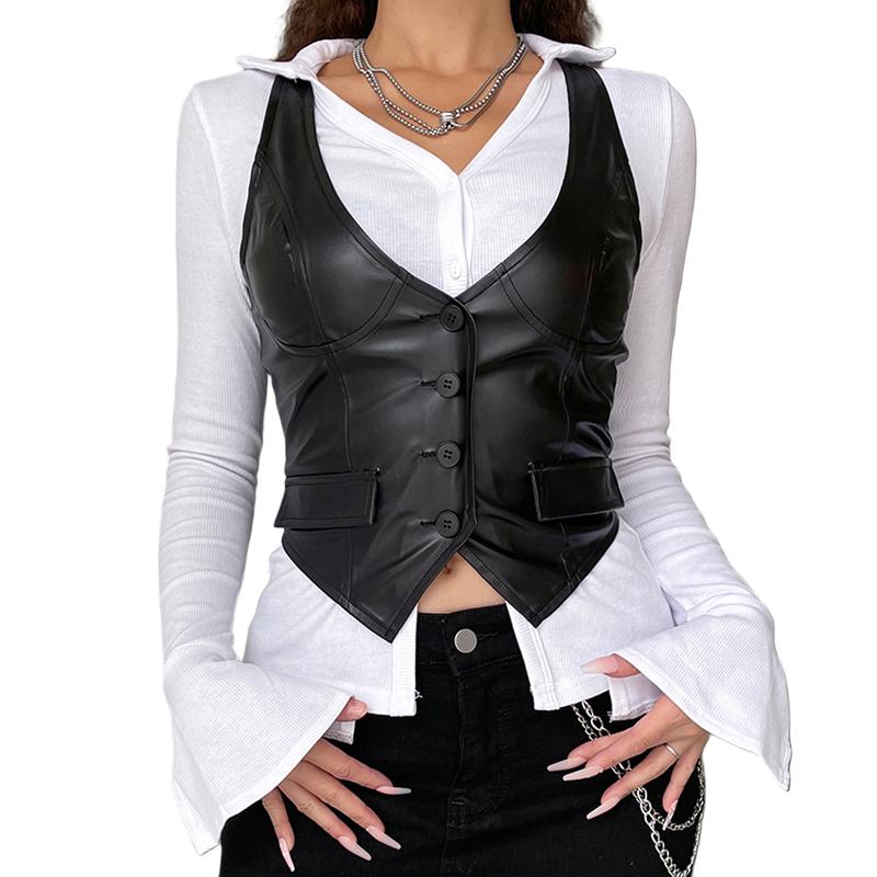 Y2K PU Leather Vest Vintage Aesthetic Women V Neck Sleeveless Button Tank Tops 2000s Dark Academia T-shirt Waistcoat