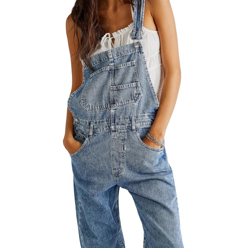 Women Denim Long Jumpsuit Casual Spaghetti Strap Wide Leg Romper Pants Summer Baggy Bib Overalls Womenswear Mum