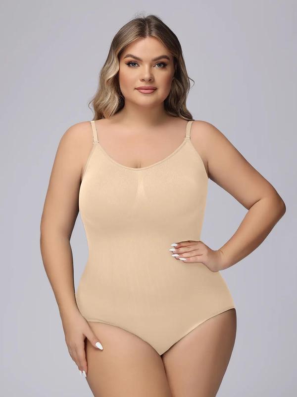 Plus Size Plain Adjustable Strap Shapewear Bodysuit, Casual Comfy Sleeveless Tummy Control Bodysuit, Women's Shapewear Clothing for All Seasons