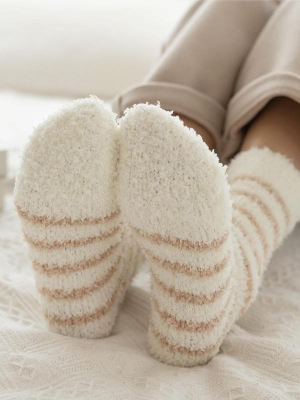 Women's Striped Print Fuzzy Socks, Casual Soft Comfy Warm Crew Socks for Fall & Winter, Women's Socks for Daily Wear