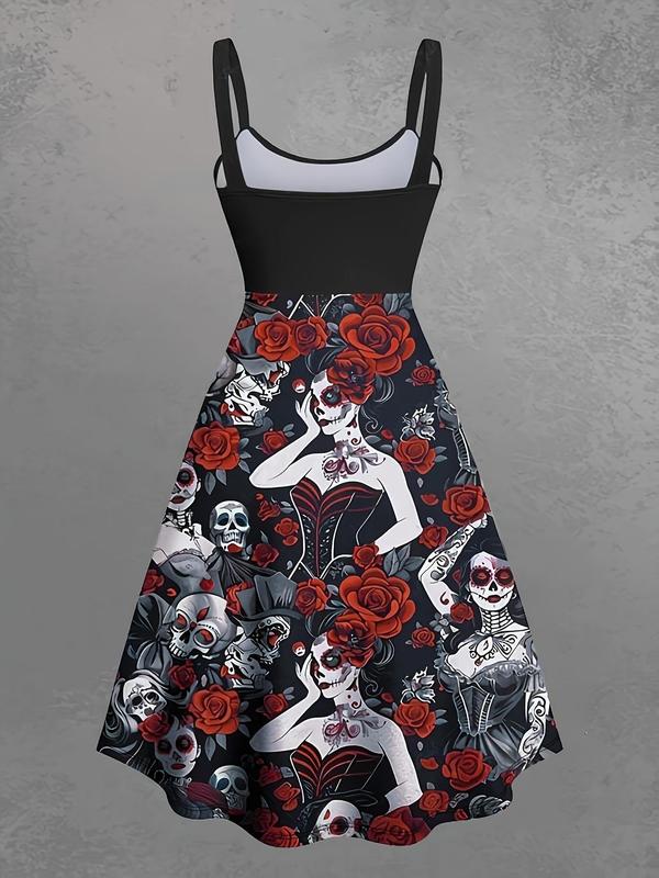  All Over Skull Rose Print Backless Dress, Halloween Dress, Boho Sleeveless A Line Dress for Party Holiday Vacation, Women's Clothes for All Seasons Dark Feminine Halloween Costumes