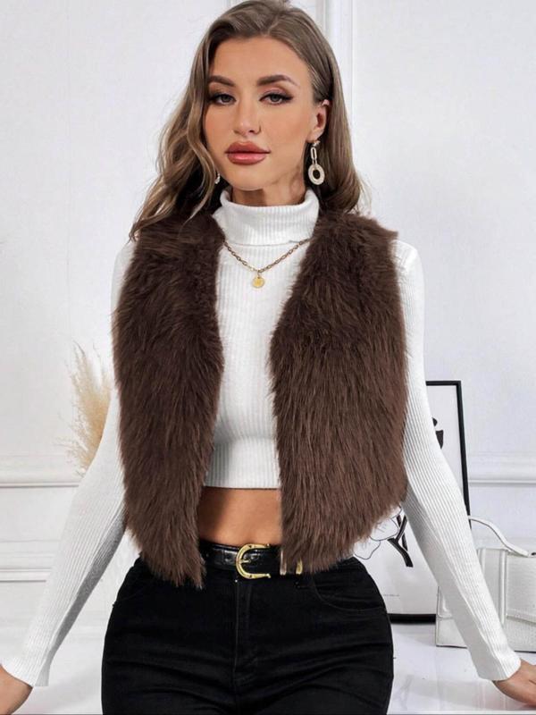 Women's Solid Color Faux Fur Vest Coat, Casual Sleeveless Open Front Outerwear for Fall & Winter, Ladies Clothes for Daily Wear