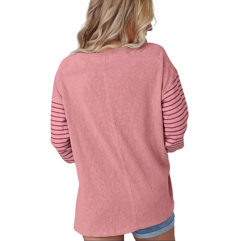 Women Striped Long Sleeve Fall Winter Tops Crew Neck Casual Color Block Blouses Shirts Womenswear