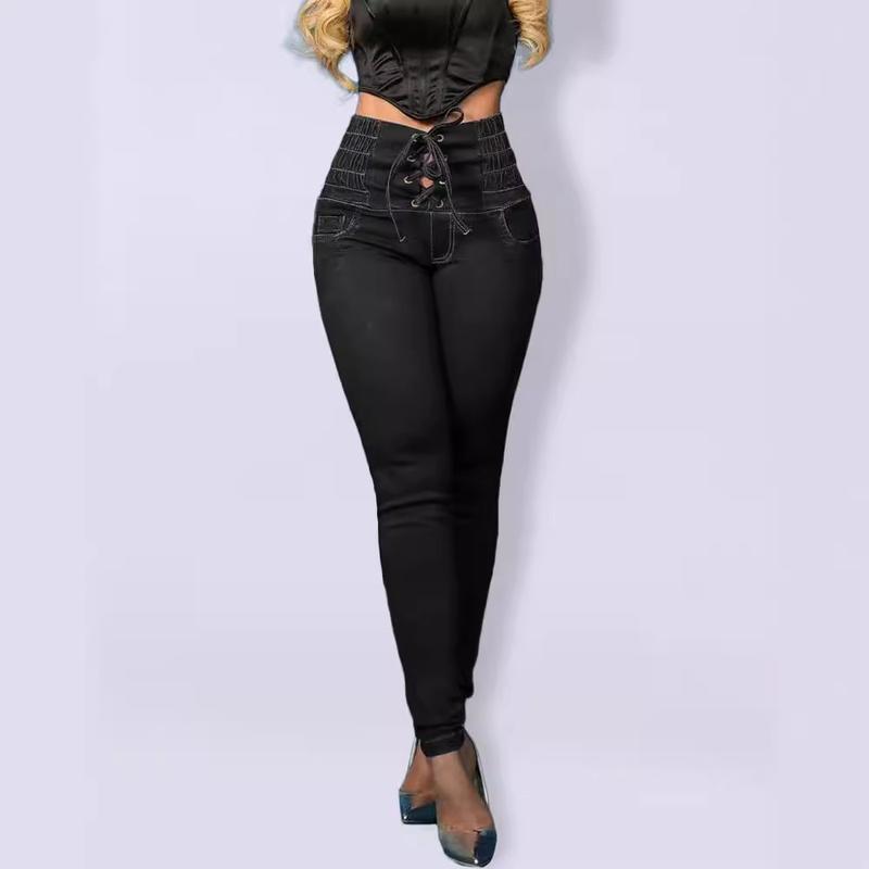 Casual New Tied Slim Fit Skinny Jeans Women's High Waist Slimming Hip Raise Trousers All-Matching Pants