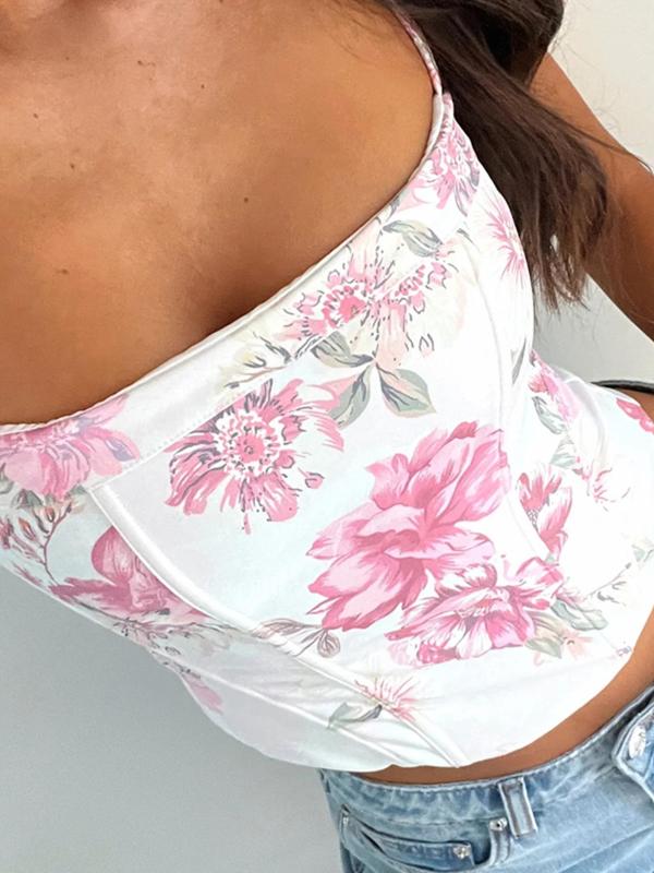 Women's Ditsy Floral Print Crop Cami Top, Casual Comfort Adjustable Spaghetti Strap Asymmetrical Top for Beach Holiday Vacation, Cute Crop Tops, Inappropriate Crop Tops, Ladies Clothes for All Seasons, Downtown Girl Clothes