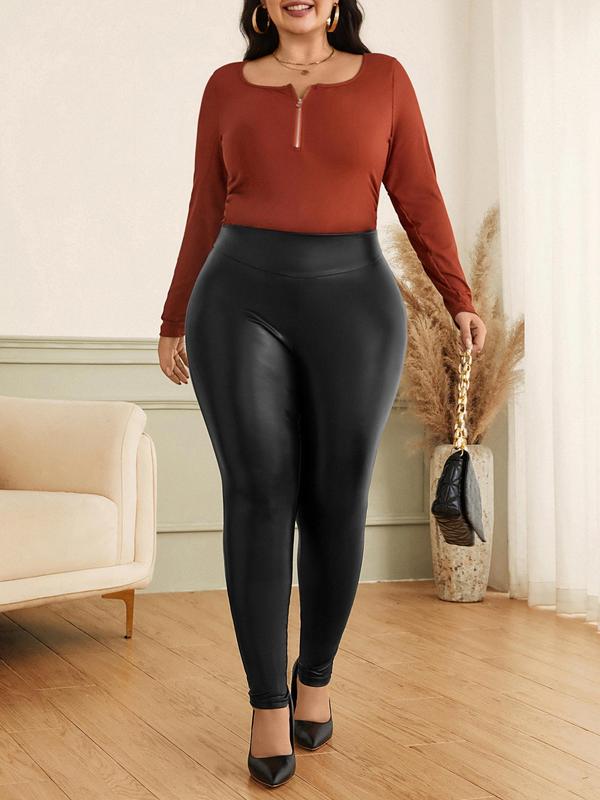 CURVZY Plus Size Solid PU Leather Leggings, Fashion Casual Comfy Skinny Pants for Daily Outdoor Wear, Women Clothing for All Seasons