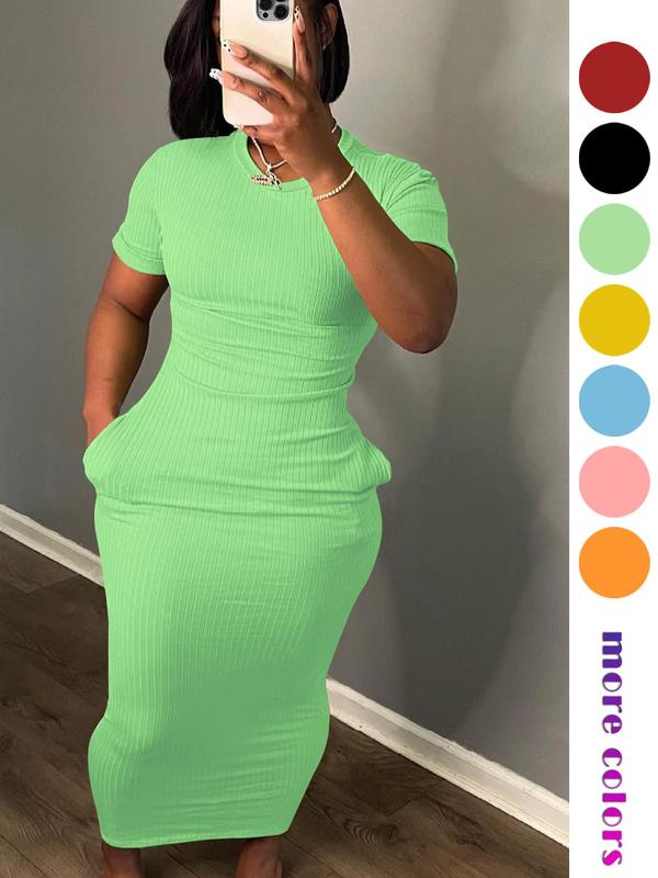 Women's Plain Pocket Short Sleeve Bodycon Dress, Dresses for Women, Casual Round Neck Ribbed Long Dress for Fall, Ladies Casual Wear Back To School Clothes for Daily