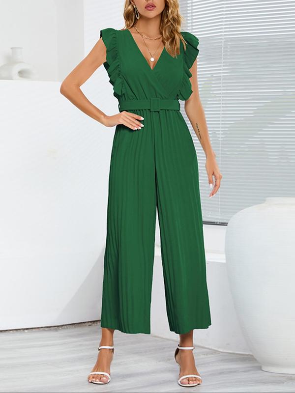 Women's Plain Ruffle Trim Pleated Belted Wide Leg Jumpsuit, Elegant V Neck Butterfly Sleeve Jumpsuit for Summer, Ladies Clothes for Daily Wear