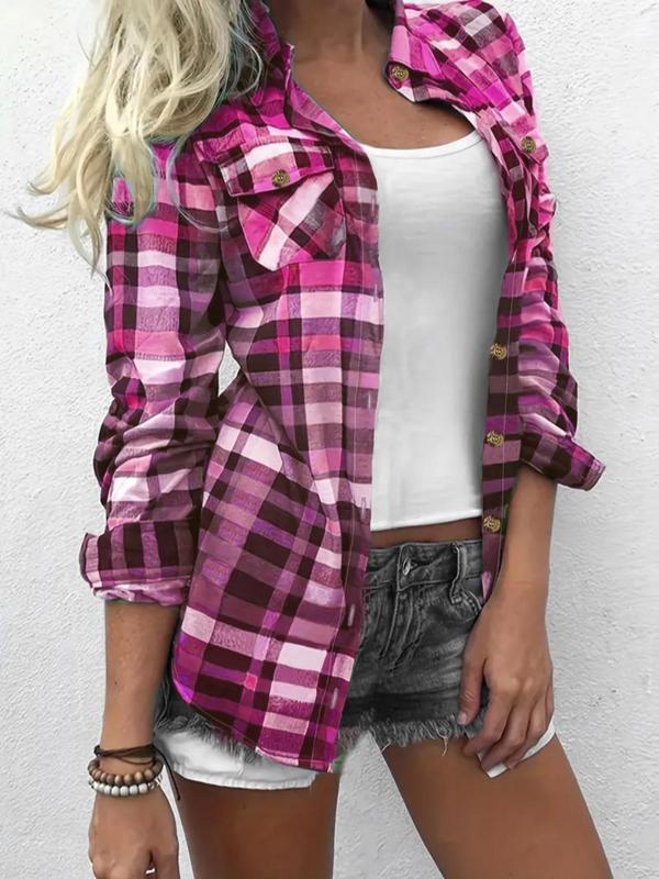 Women's Plaid Print Button Front Shirt, Casual Long Sleeve Pocket Collared Top for Spring & Fall, Women's Clothes for Daily Wear