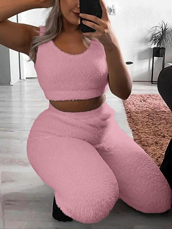 Women's Solid Scoop Neck Crop Tank Top & Skinny Pants Plush Loungewear Two-piece Set, Fall Wear, Pajama Sets Women, Casual Comfy Sleepwear Wear for Fall & Winter, Lounge Sets, Lady's Sleepwear, Women Nightwear, Fall Wear, Fallfreshness Clothes