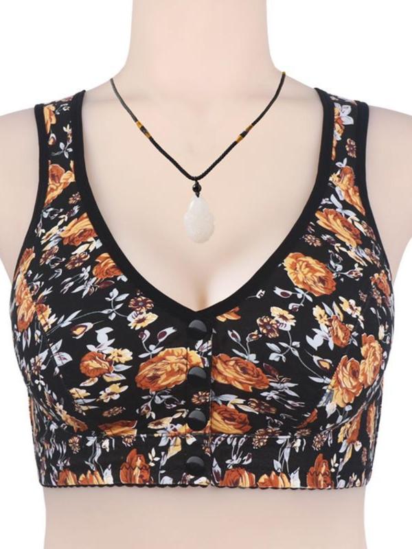 Women's Floral Print Button Front Wireless Bra, Casual Comfortable Breathable Bra for Daily Wear, Women's Lingerie for All Seasons