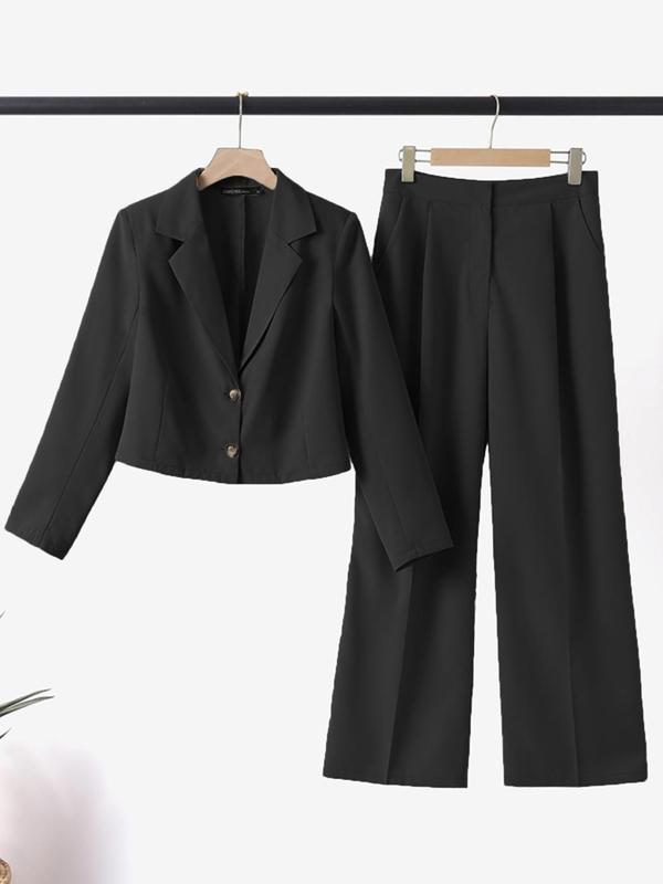 Two-Piece Set Women's Solid Button Front Blazer & Wide Leg Suit Pants, Elegant Lapel Long Sleeve Outerwear & Pocket Trousers for Work Office Business, Ladies Fall & Winter Suit Set