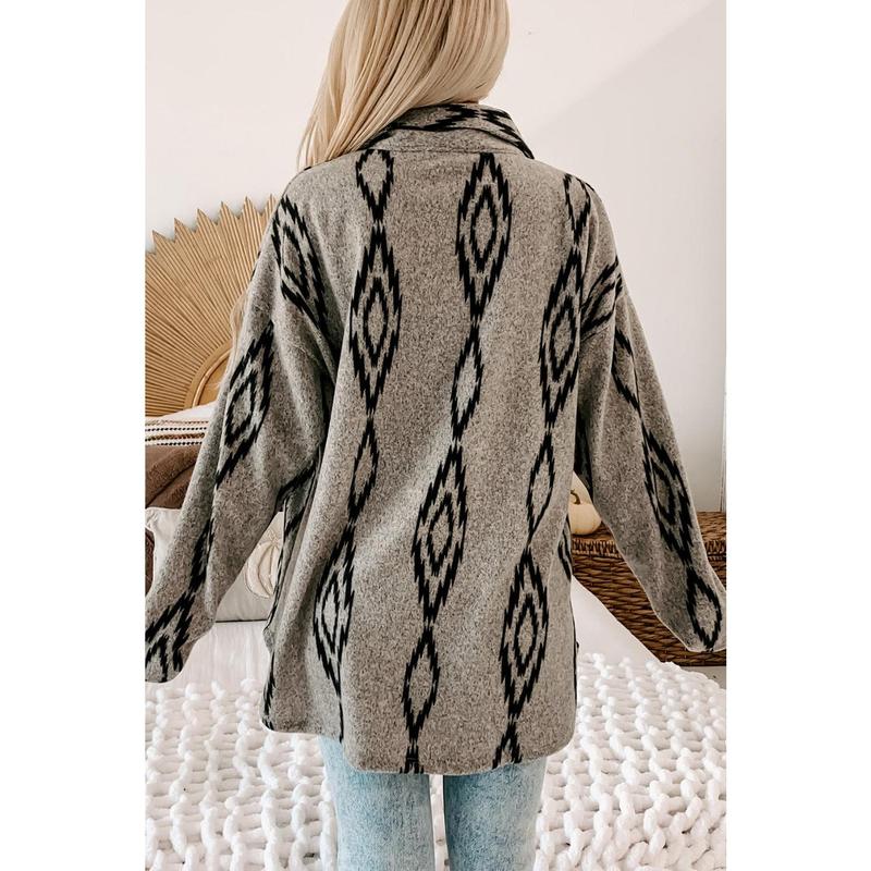 Gray Aztec Contrast Chest Pockets Loose Shacket Womenswear Coats