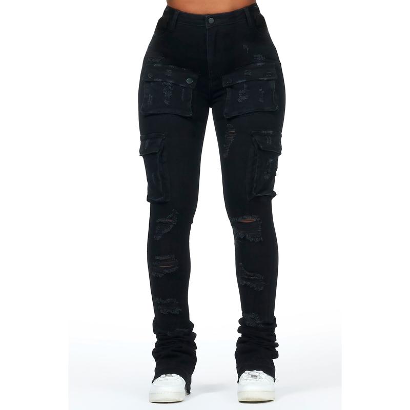 Noor Black Cargo Super Stacked Jean