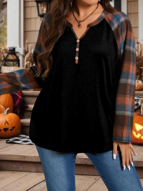  Plaid Patched V Neck Tee, Casual Drop Shoulder Long Sleeve T-shirt for Fall & Winter, Women's Clothing for Daily Wear