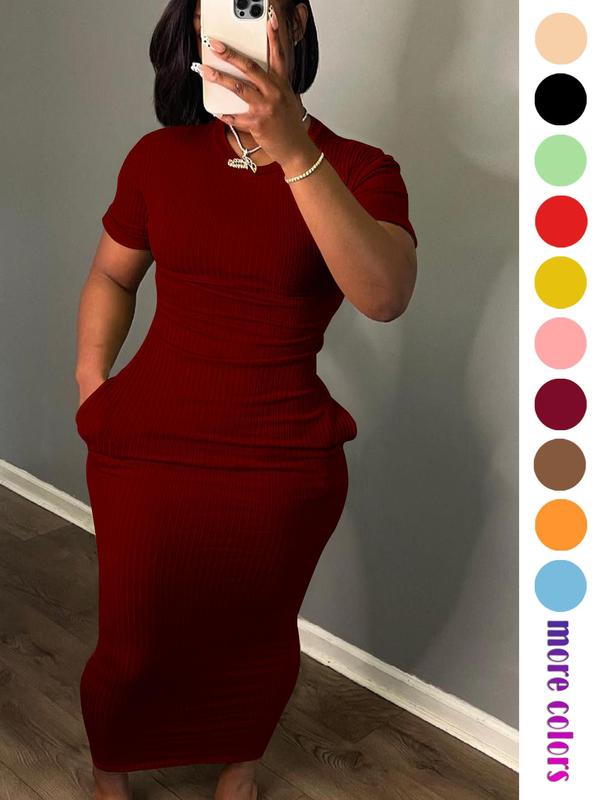 Women's Plain Pocket Short Sleeve Bodycon Dress, Dresses for Women, Casual Round Neck Ribbed Long Dress for Fall, Ladies Casual Wear Back To School Clothes for Daily