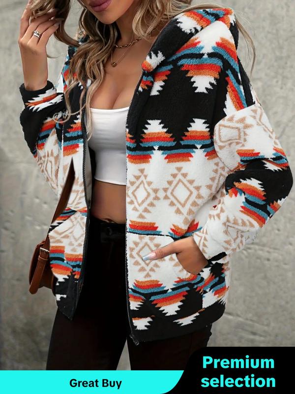 Women's All Over Print Drop Shoulder Zip Up   Jacket, Casual Long Sleeve Hooded Outerwear for Fall & Winter, Ladies Clothes for Daily Wear