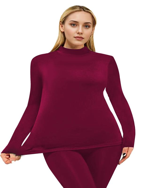  Solid Thermal Lined Mock Neck T-shirt, Casual Long Sleeve Crew Neck Top for Fall & Winter, Women's Clothing for Daily Wear