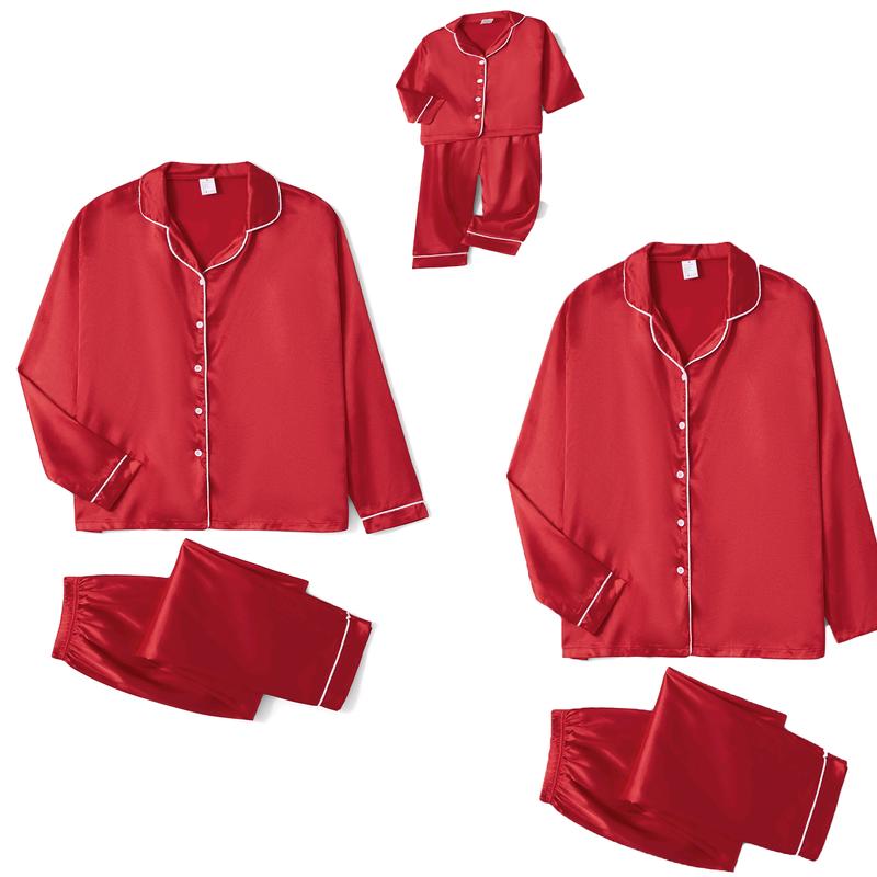 Red Family Matching Christmas Pajama Set, Solid Color Long Sleeve Button Down Tops Elastic Waist Pants for Fall Winter