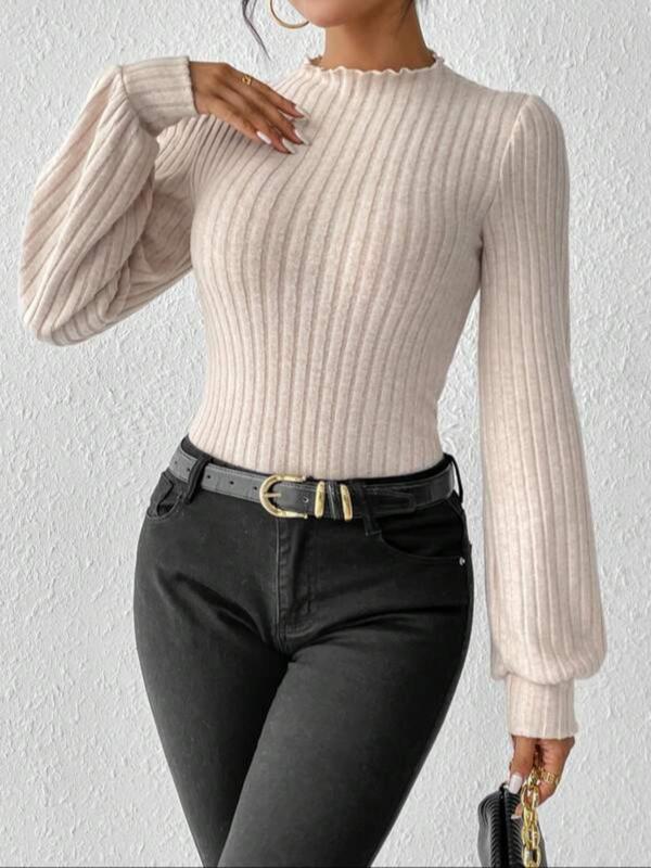 Women's Plain Button Closure Crotch Ribbed Bodysuit, Casual Long Sleeve Bodysuit for Fall & Winter, Women's Clothes for Daily Wear