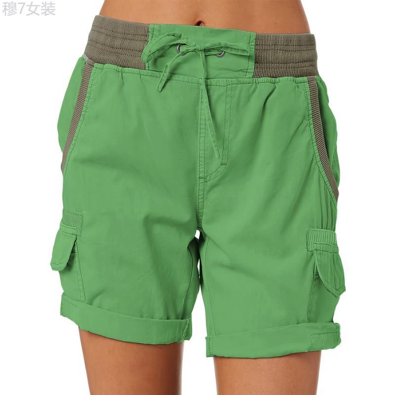 Drawstring Cargo Shorts, Casual High Waist Wide Leg Summer Shorts With Pockets, Women's Clothing Fabric Womenswear