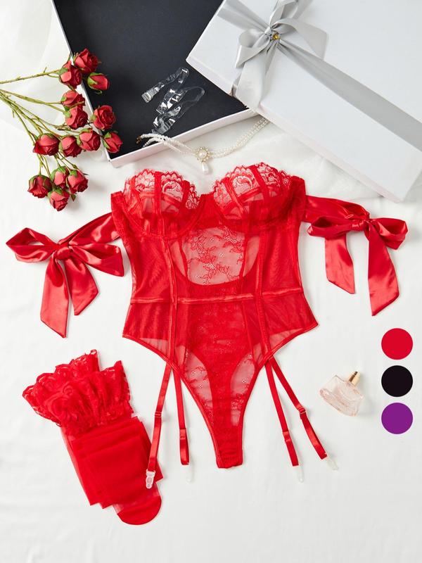 Women's Sexy Lace Lingerie Set, Romantic Solid Color Teddy Bodysuit Lingerie & Stockings Set, Women's Lingerie & Underwear for All Seasons