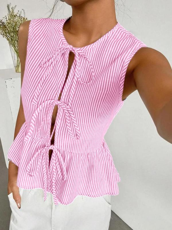 Women's Striped Print Tie Front Peplum Hem Blouse, Casual Sleeveless Tie Neck Top for Daily Wear, Going Out Tops, Graphic Shirts, Ladies 90s Clothes for All Seasons, 90s Clothes