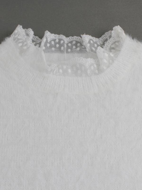 Women's Plain Contrast Lace Stand Collar Sweater, Casual Long Sleeve Jumper for Spring & Fall, Fashion Women's Knitwear for Daily Wear