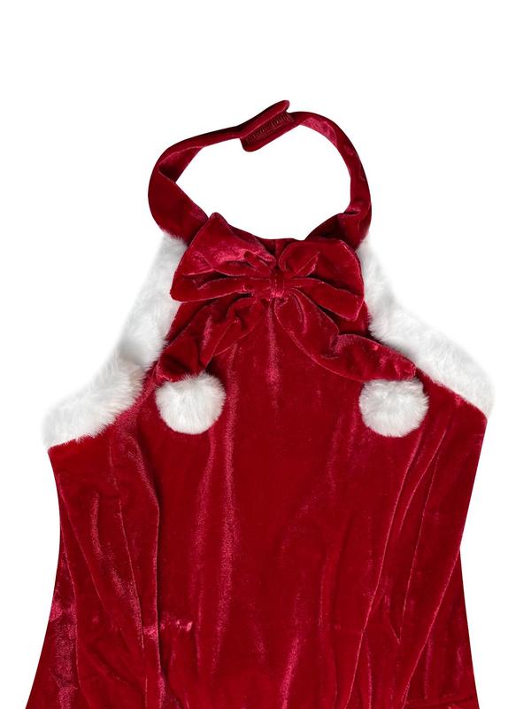 Women's Contrast Faux Fur  Sexy Santa Claus Costume Set, Halter Neck Dress &  Shawl & Sleeves & Hair Accessories Set, Women's Underwear Set for All Seasons