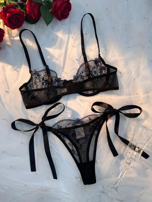 Women's 2pcs Floral Embroidery Sheer Lingerie Set, Summer Clothes Women, Elegant Sexy Push Up Bra & Tie Side Thong Set, Women Sexy Lingeries & Costumes