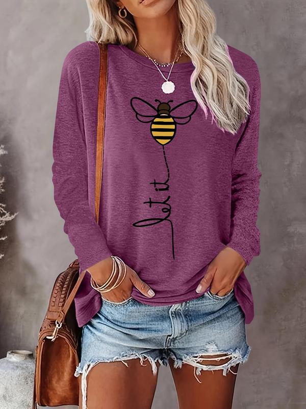 Women's Cartoon Bee Print Round Neck Tee, Casual Long Sleeve Crew Neck T-shirt for Fall & Winter, Women's Top for Daily Wear