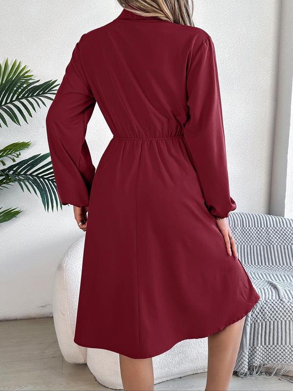 Women's Plain Button Front Drawstring Knot Front Shirt Dress, Elegant Pocket Bishop Sleeve Collared A Line Dress for Spring & Fall, Ladies Clothes for Daily Wear, Fall Outfits, Earthtone Fallfreshness