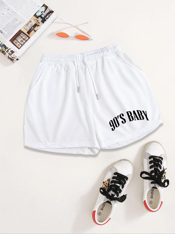 Women's Figure & Letter Print Drawstring Shorts, Summer Outfits, Shorts for Women, Back To School Outfits, Casual Elastic Waist Pocket Shorts for Summer, Fashion Women's Summer Bottoms for Daily Wear, Workout Shorts