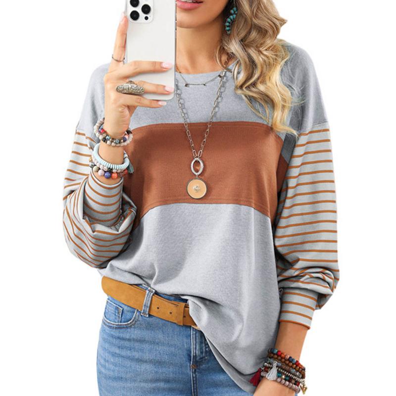 Women Striped Long Sleeve Fall Winter Tops Crew Neck Casual Color Block Blouses Shirts Womenswear