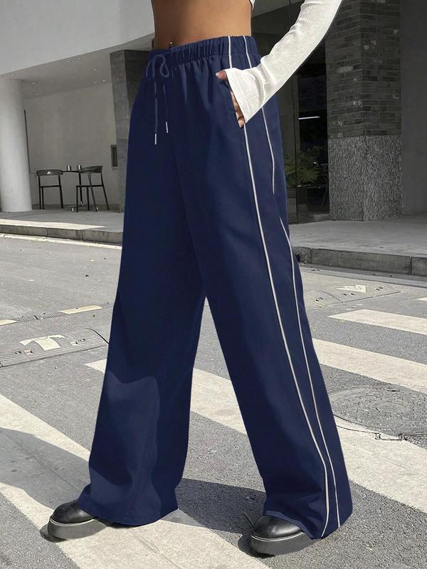 Women's Side Stripe Drawstring Pocket Sweatpants, Summer Outfits, Pants for Women, Work Pants Women, Casual Elastic Waist Wide Leg Trousers, Lady Bottoms