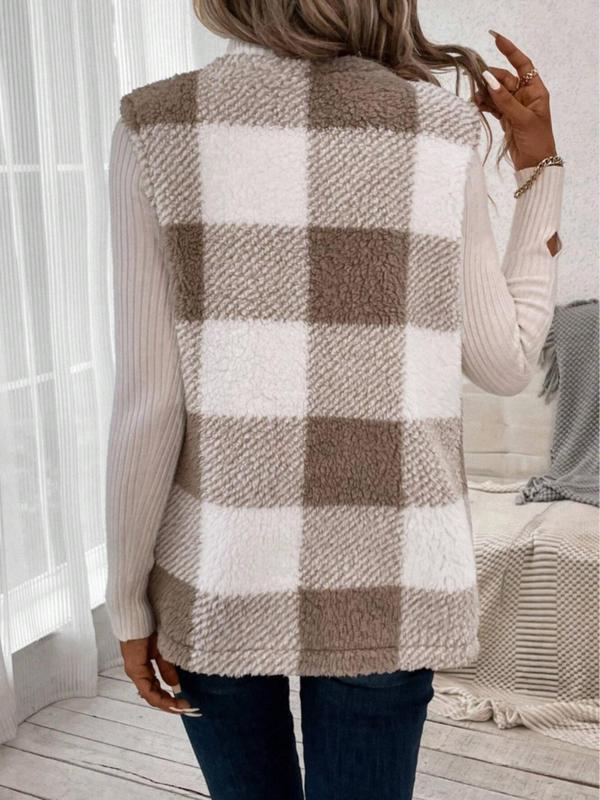 Women's Plaid Print Fuzzy Vest Coat without Sweater, Casual Pocket Open Front Outerwear for Spring & Fall, Fashion Women's Clothing for Daily Wear, Fall Outfits, Fallfreshness, Fall Outfits, Fallfreshness