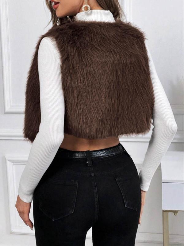 Women's Solid Color Faux Fur Vest Coat, Casual Sleeveless Open Front Outerwear for Fall & Winter, Ladies Clothes for Daily Wear