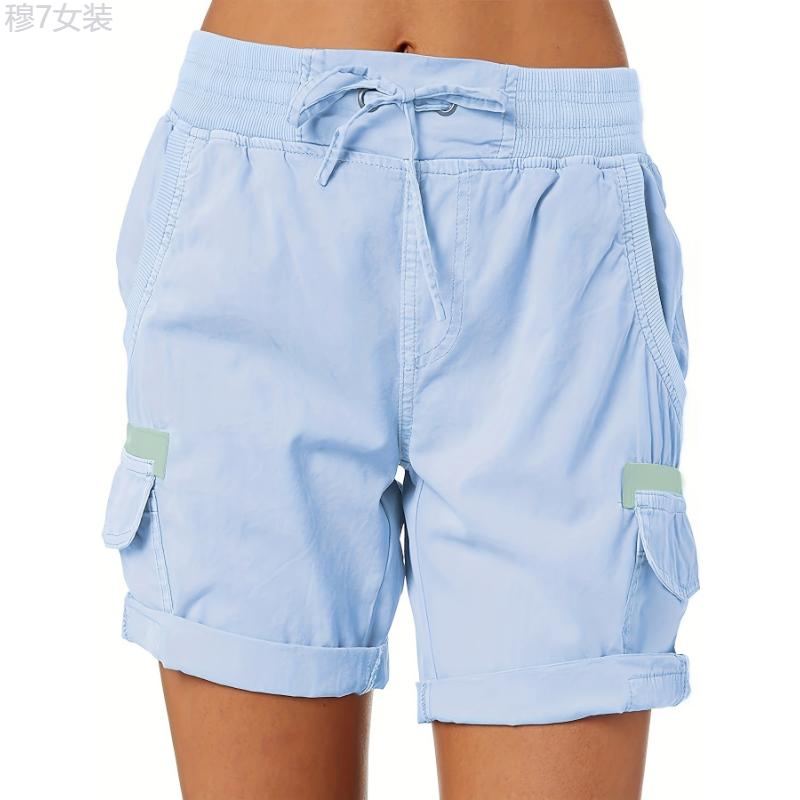 Drawstring Cargo Shorts, Casual High Waist Wide Leg Summer Shorts With Pockets, Women's Clothing Fabric Womenswear